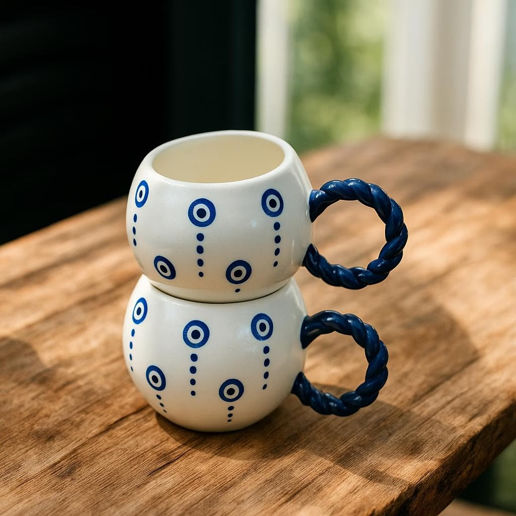Handmade Ceramic Mugs with Embossed Evil Eye Symbol Set of 2