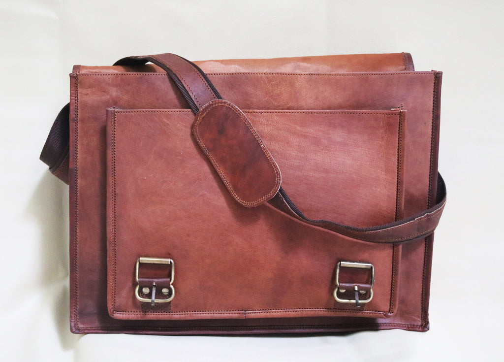 Handmade 18″ Brown Leather Cross body Bag With Big Pocket.