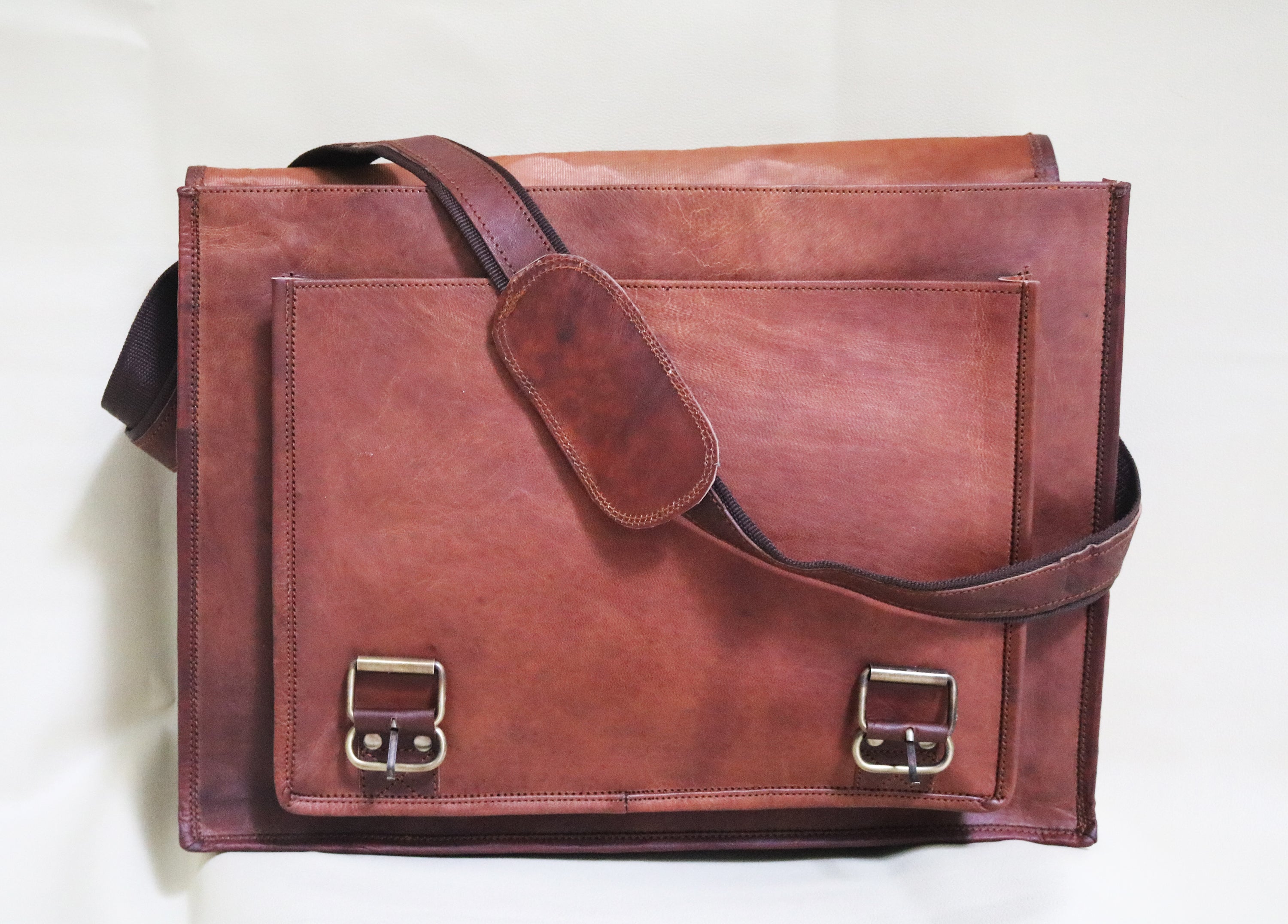 Handmade 18″ Brown Leather Cross body Bag With Big Pocket.