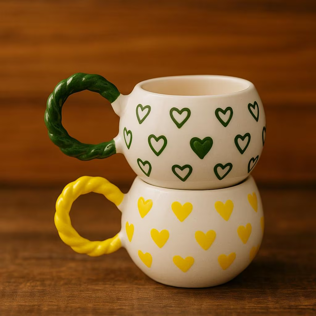 Handmade Ceramic Mugs with Mini Heart Embossed Design Set of 2