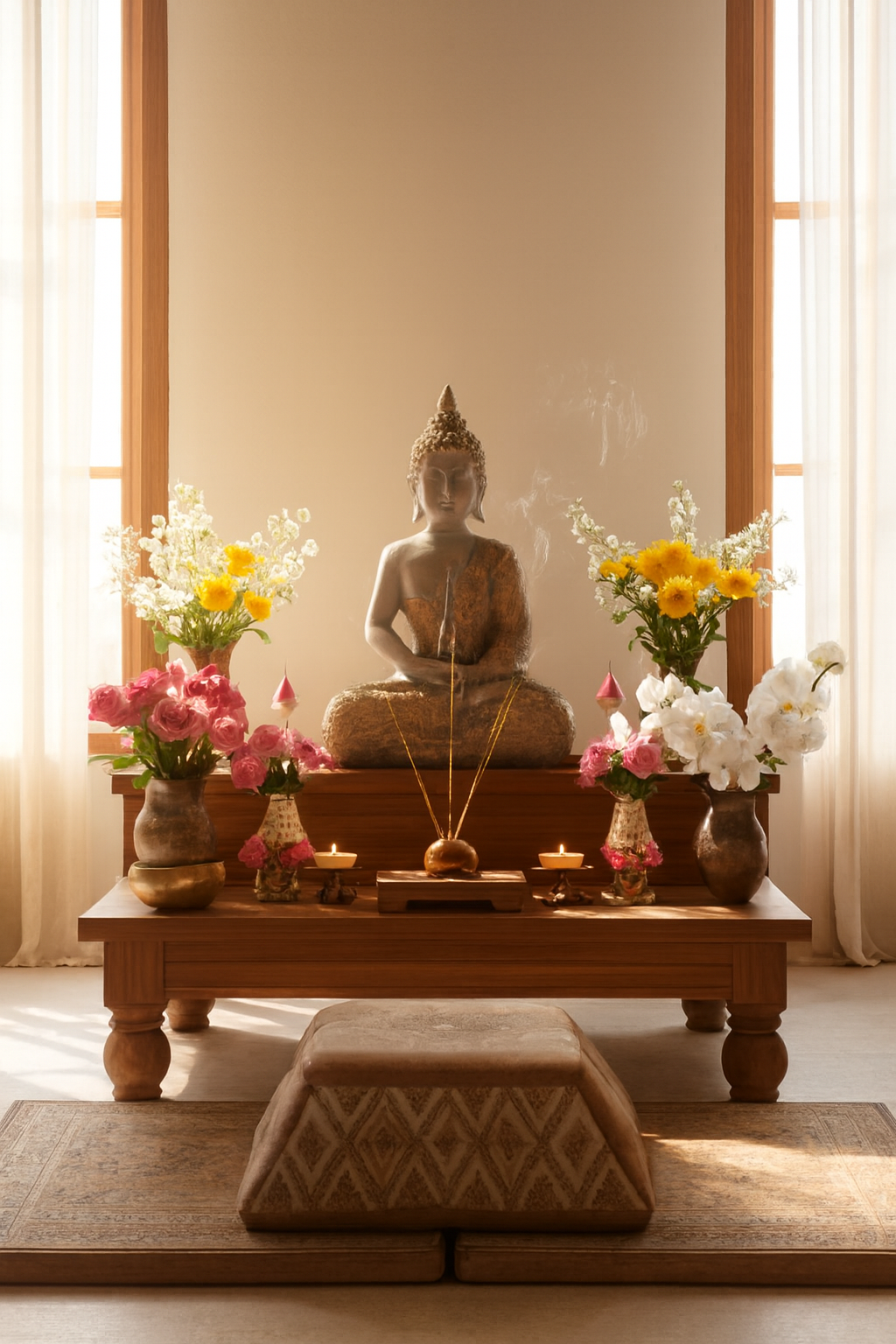 Pink Buddha Idol with Floral Altar