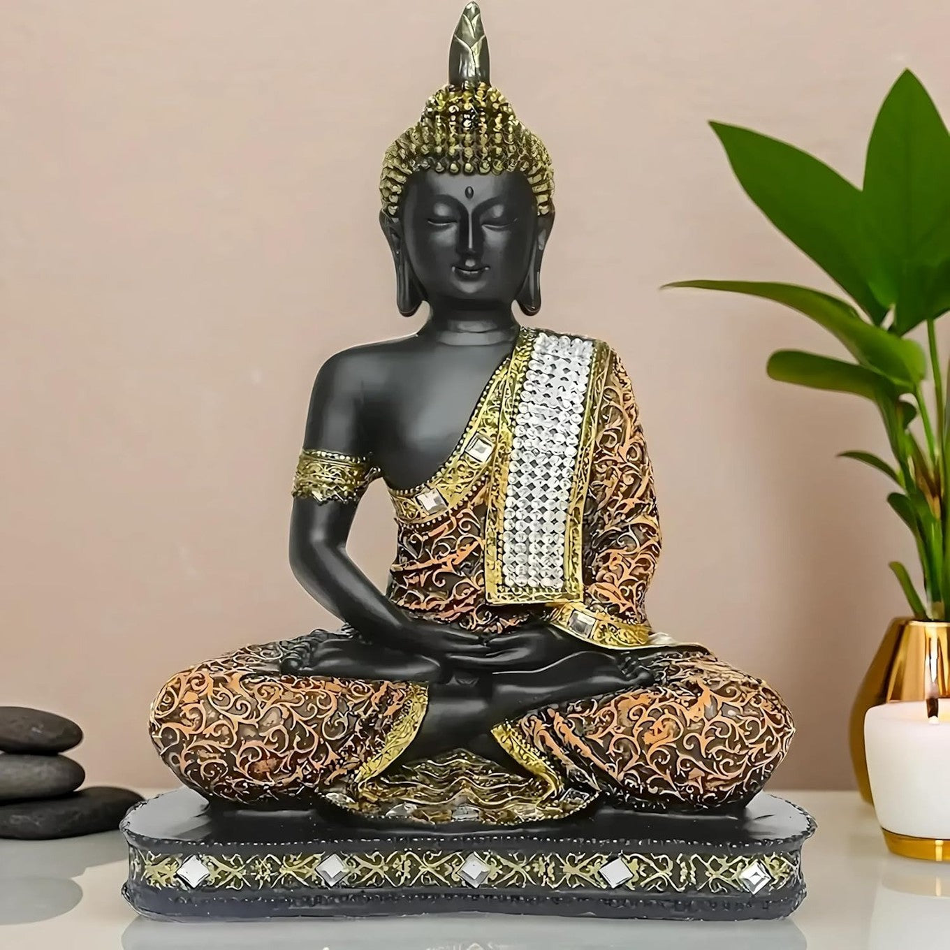 Decorative Black and Gold Meditating Buddha Idol for Home and Office