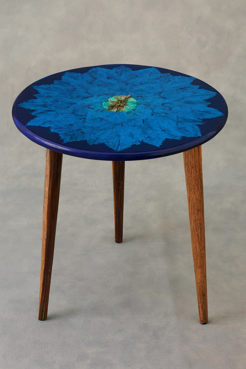 Round Wooden Accent Table – Blue Mandala Flower Design, Hand-Painted