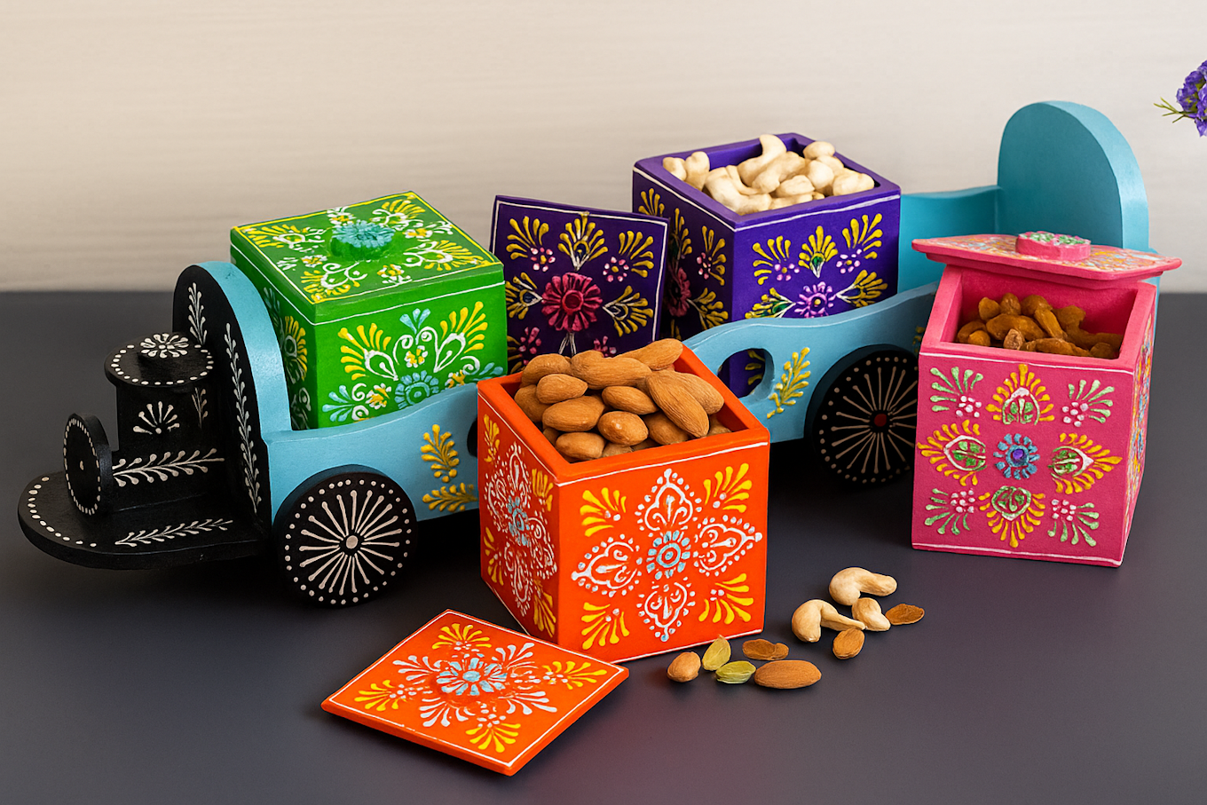 Colorful Hand-Painted Wooden Train Nut Box