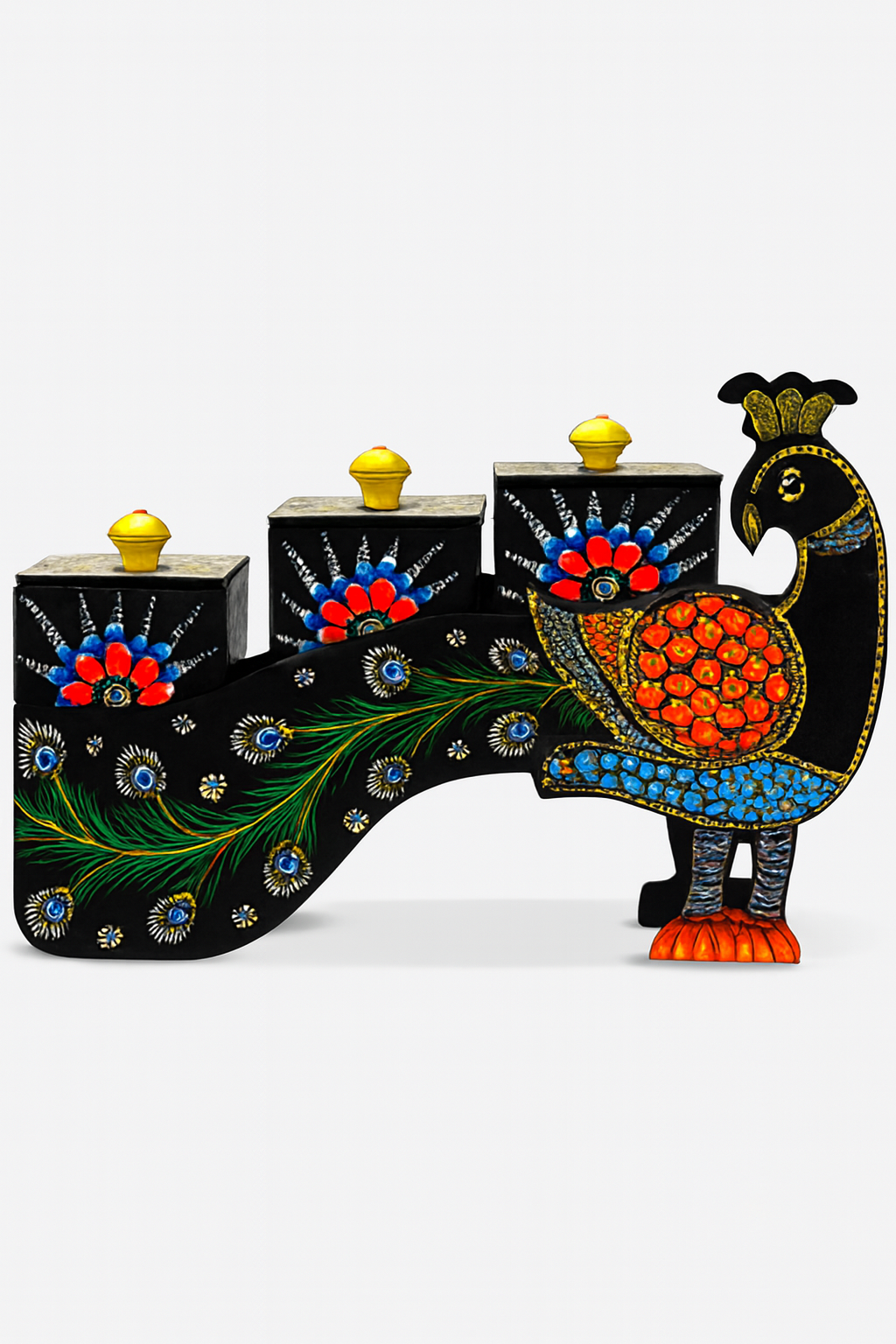 Peacock Decorative Container Set | Handcrafted Wooden Spice & Dry