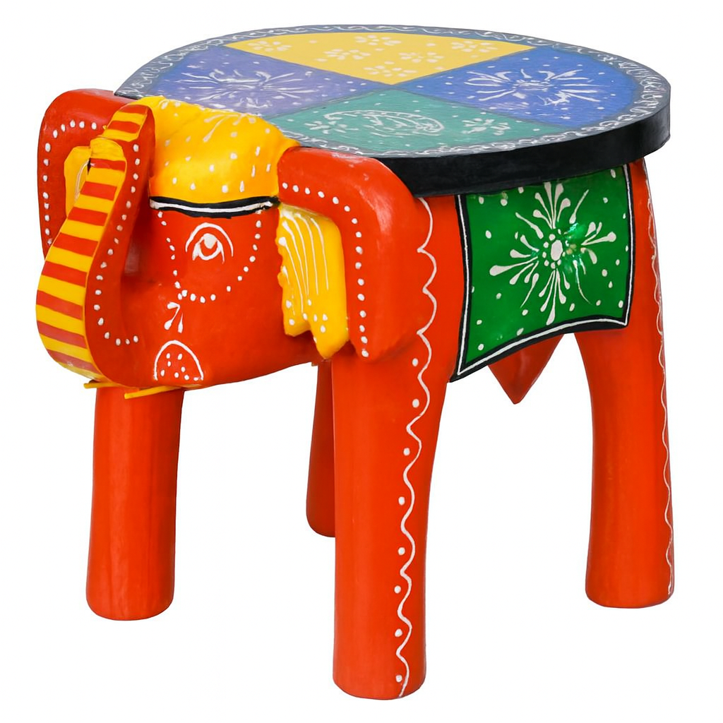 Hand-Painted Elephant Wooden Stool – Colorful Decorative Side Table