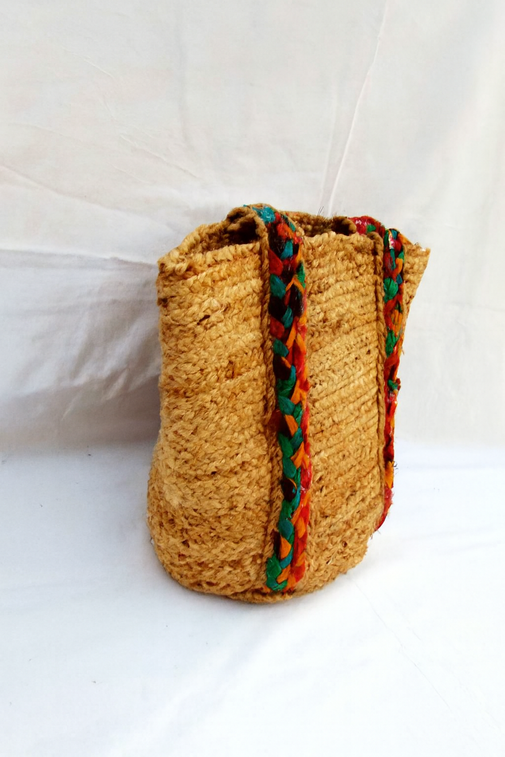 Handmade Straw Tote Bag with Colorful Braided Handles