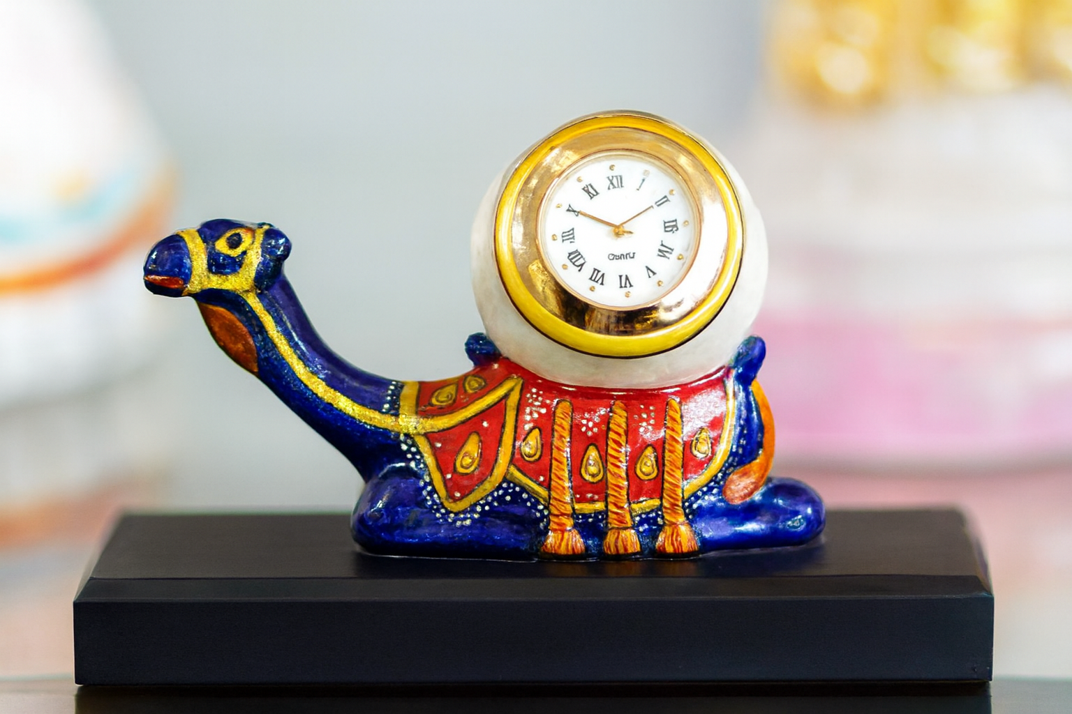 Handcrafted Camel Clock Figurine – Colorful Decorative Table Accent