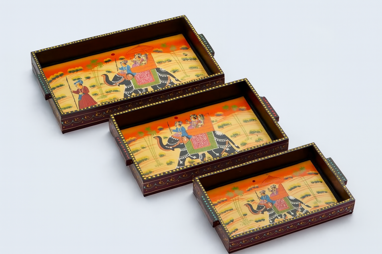 Hand-Painted Wooden Tray Set – Royal Procession Design, Multicolor