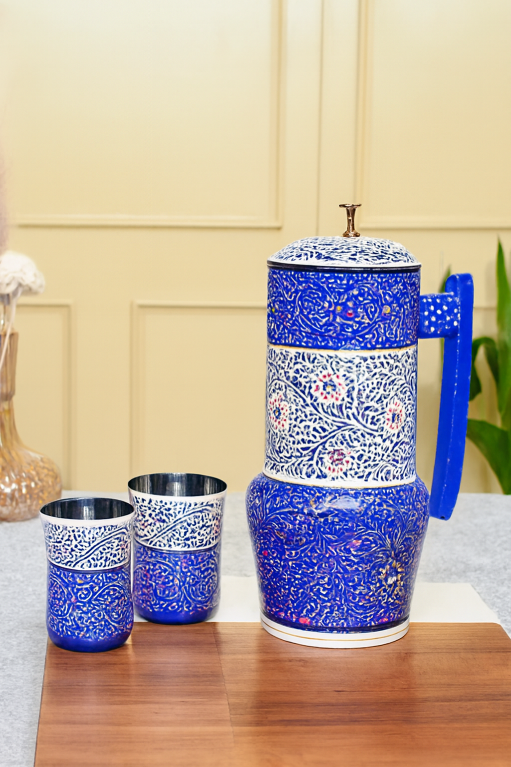 Hand-Painted Metal French Press Coffee Set – Yellow Floral Design with