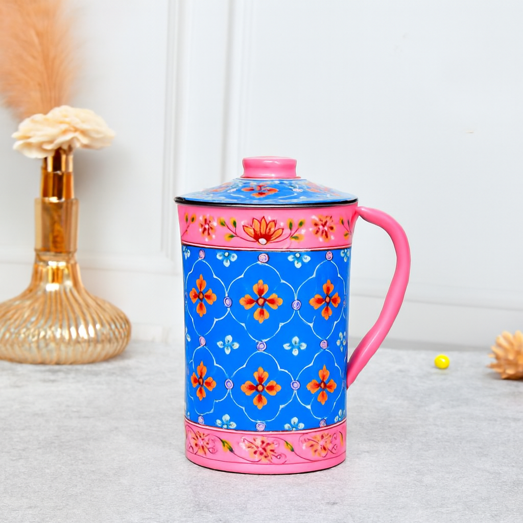 Hand-Painted Metal Jug with Lid – Floral Design, Multicolor Decorative