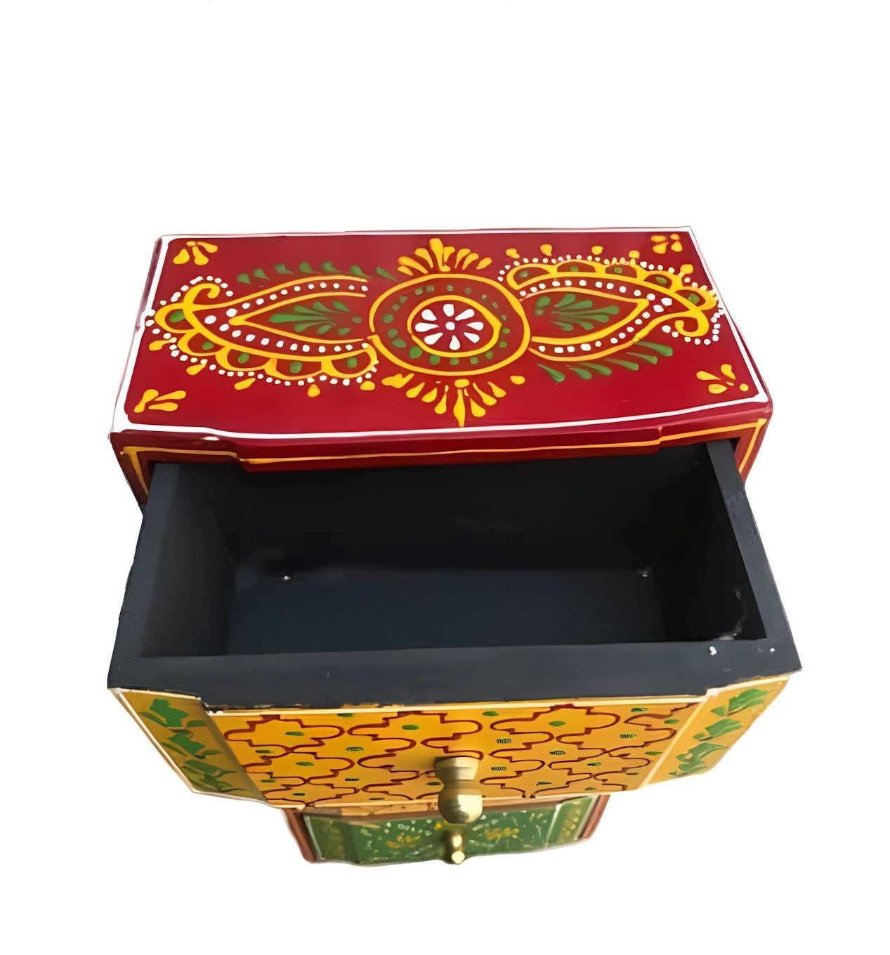 Hand-Painted Wooden Drawer Box with Traditional Rajasthani Motifs