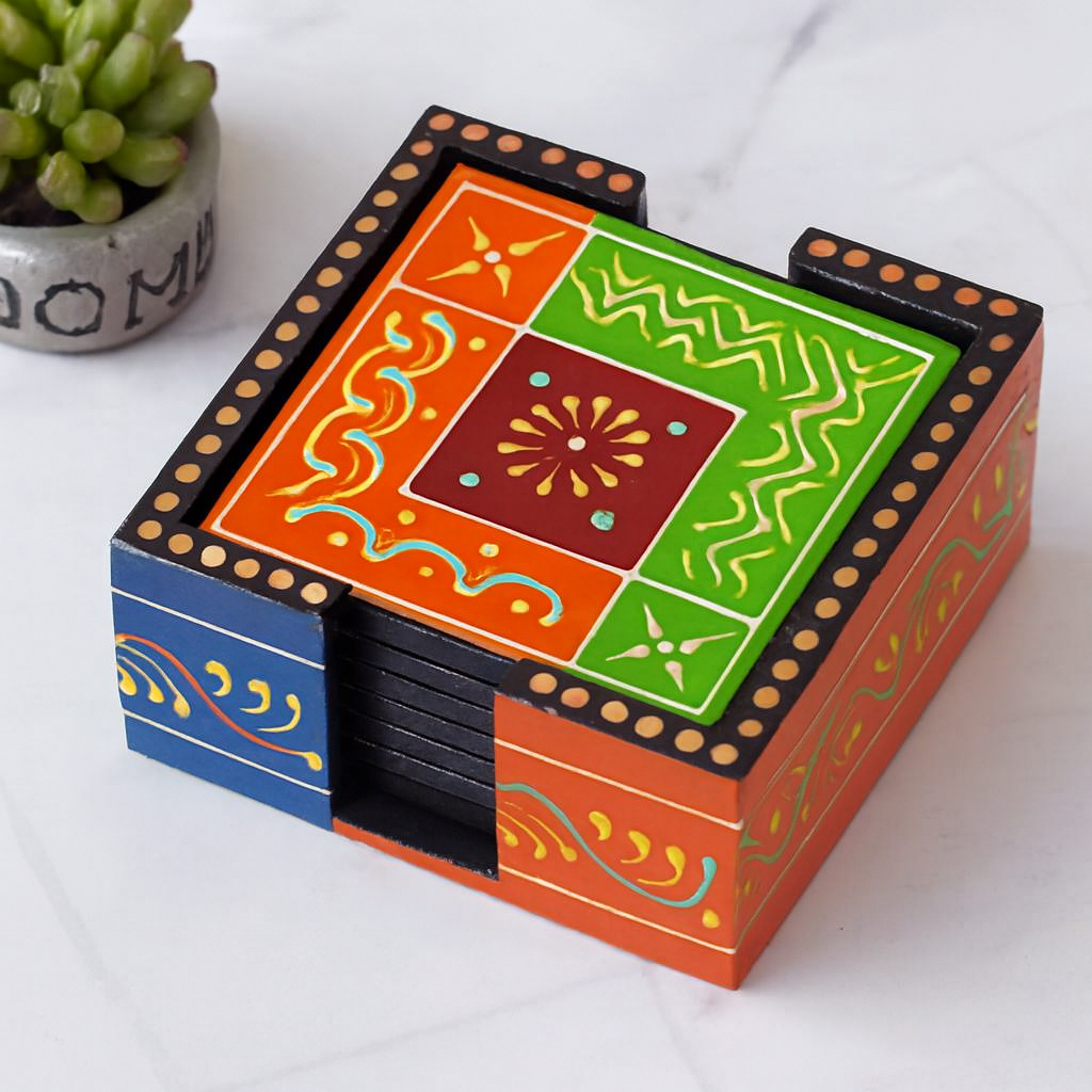 Hand-Painted Wooden Coaster Set with Holder – Folk Art Design,