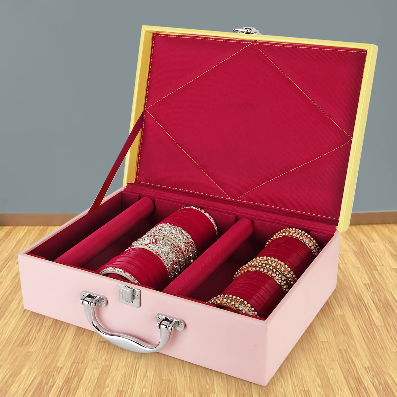 4 Rodes Wooden Bangle Box Organizer Case -PINK