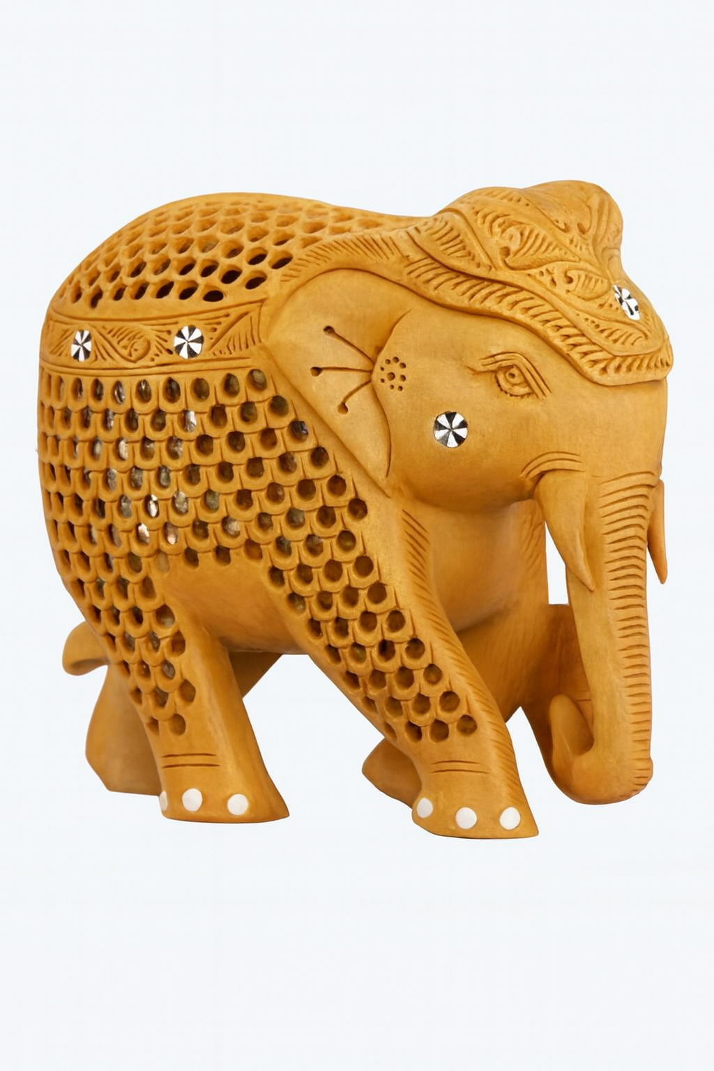Hand-Carved Wooden Elephant Figurine – Lattice Design with Metal