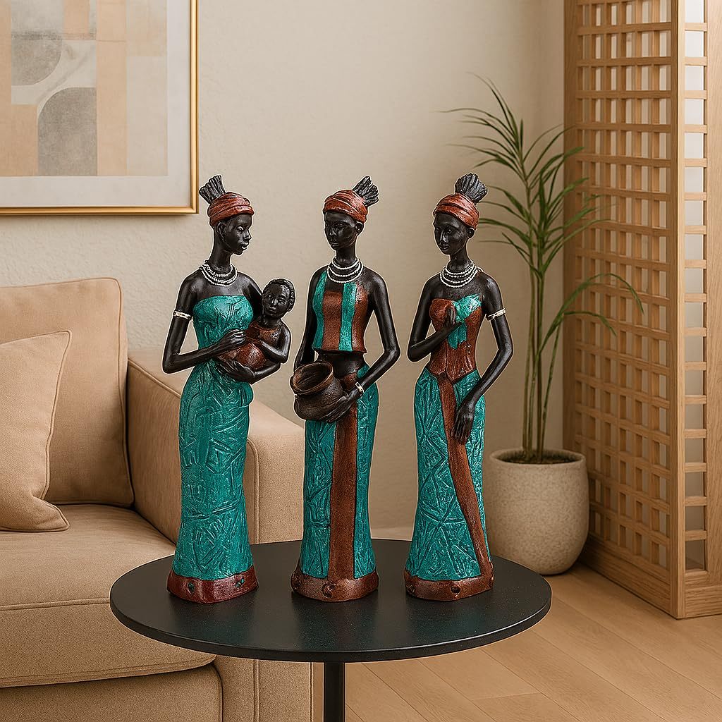 African Tribal Women Art Piece - (Set of 3, Green and Black Color)