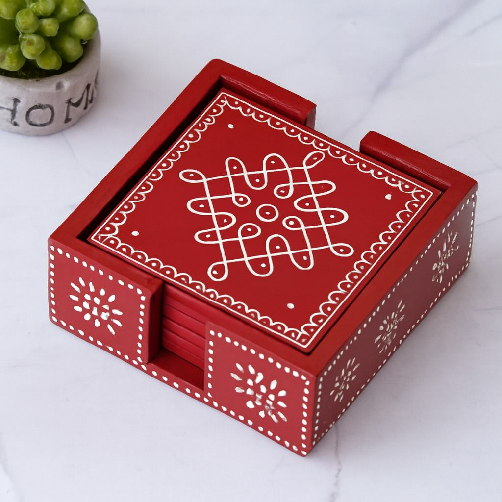 Red Wooden Coaster Set with Holder – Folk Art Design, 6-Piece