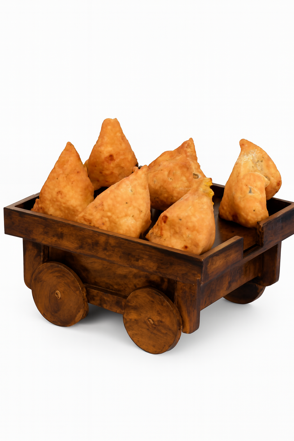 Mini Wooden Cart with Samosas – Rustic Food Display for Events &