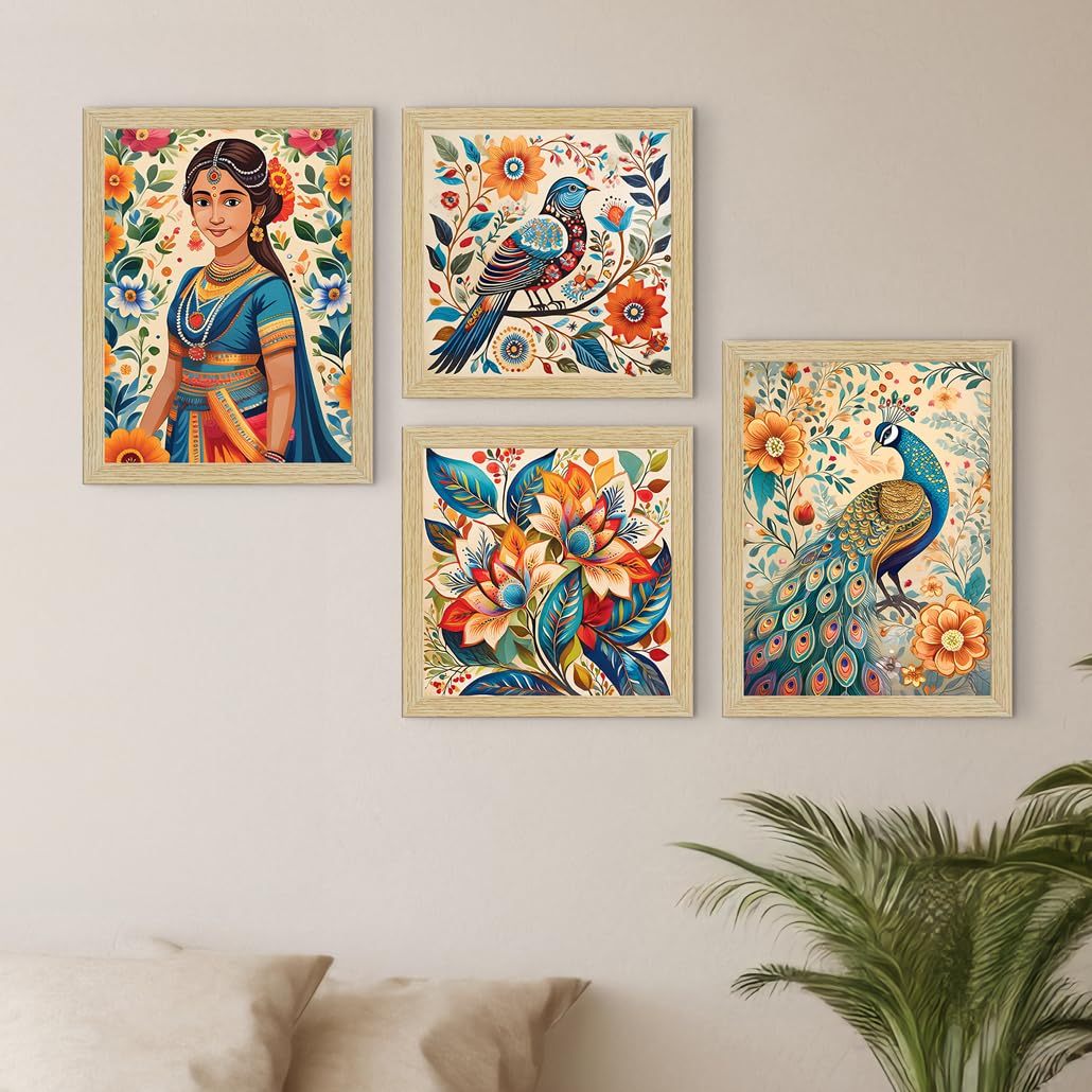 Madhubani Indian Art Paintings with Frame for Home Décor Multicolor,