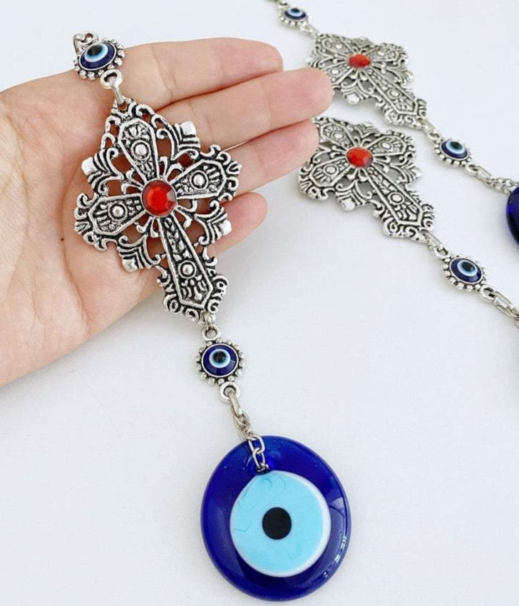 Cross Evil Eye Wall Hanging, Evil Eye Home Decor, Religious Wall Decor