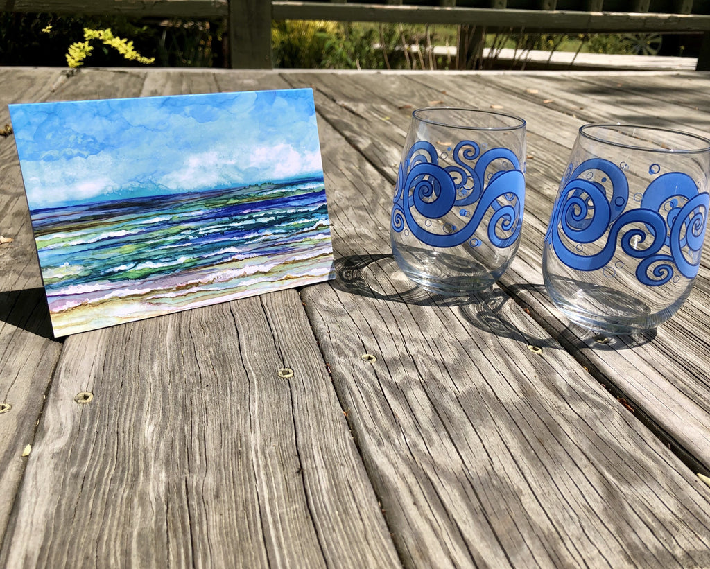 Beach Theme 3 piece Gift Set : Greeting Card and Stemless Wine Glasses