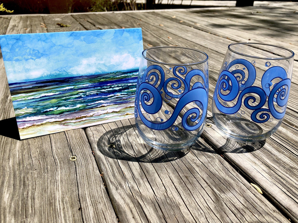 Beach Theme 3 piece Gift Set : Greeting Card and Stemless Wine Glasses