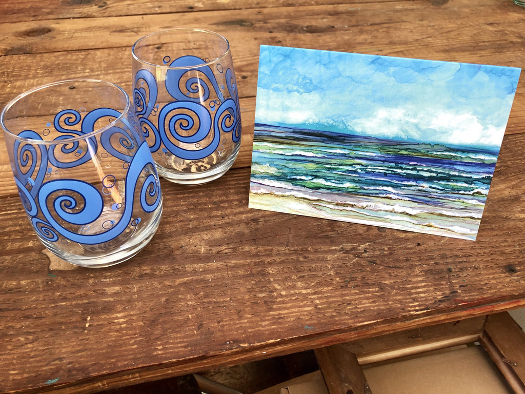 Beach Theme 3 piece Gift Set : Greeting Card and Stemless Wine Glasses