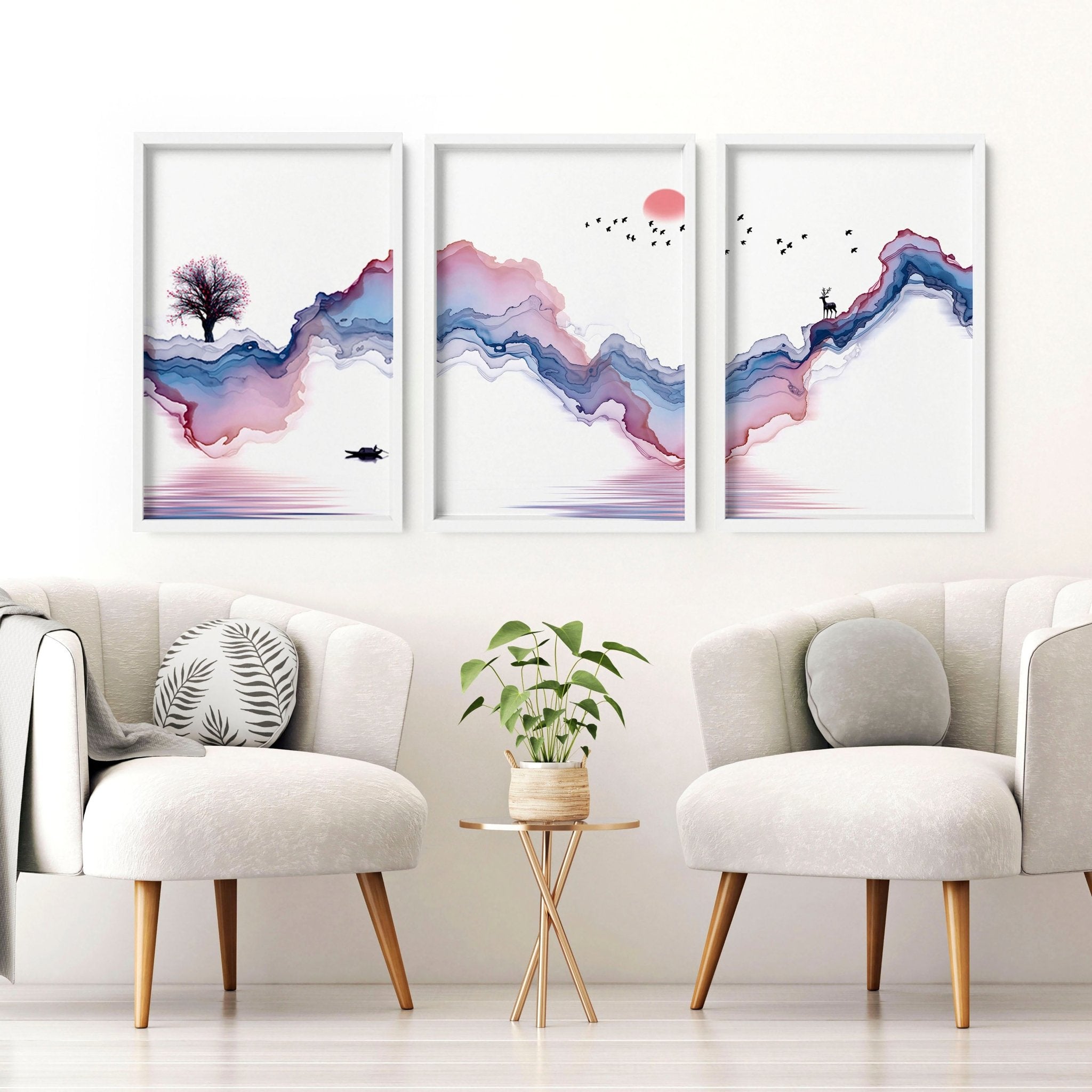 Japanese landscape paintings | set of 3 framed wall art