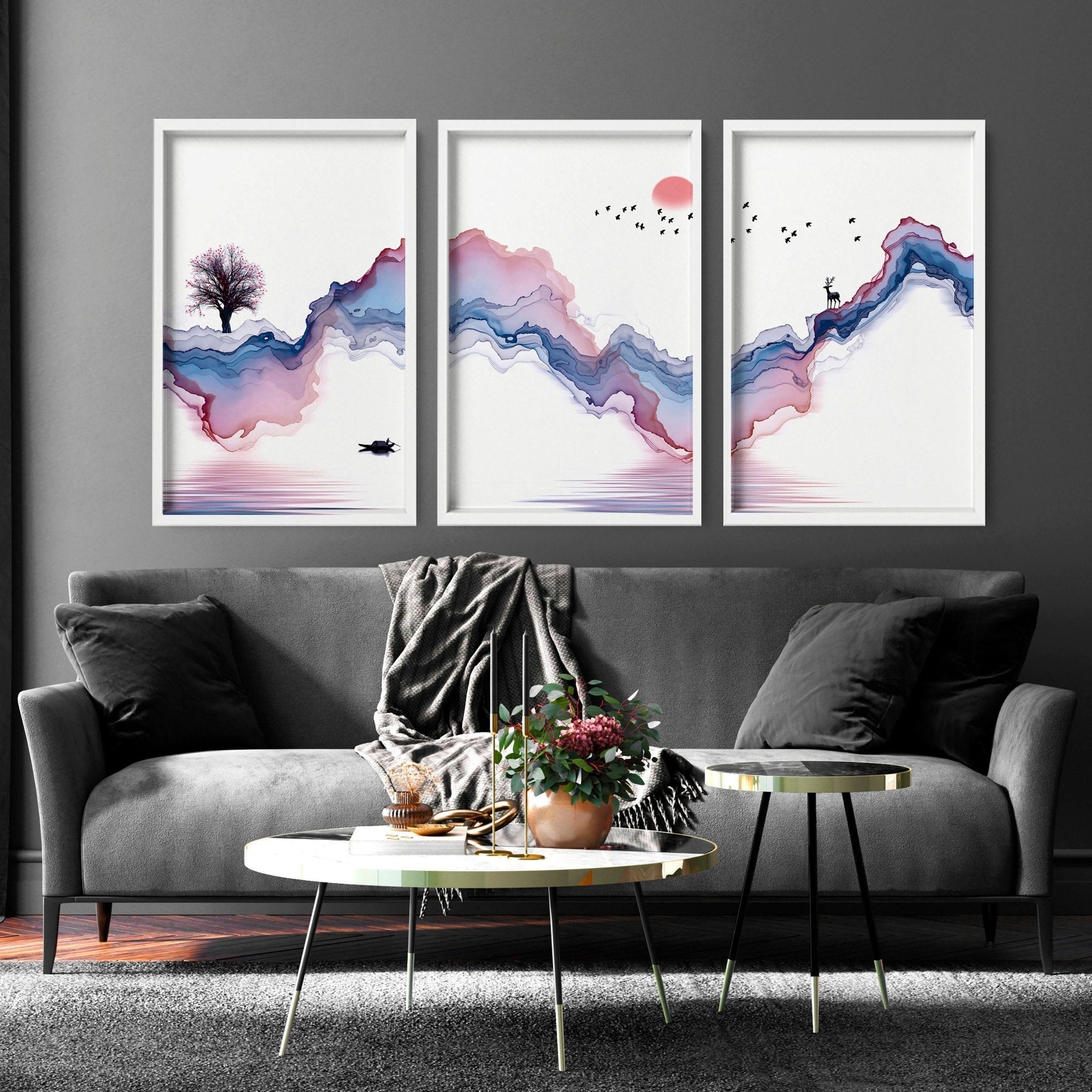 Japanese landscape paintings | set of 3 framed wall art