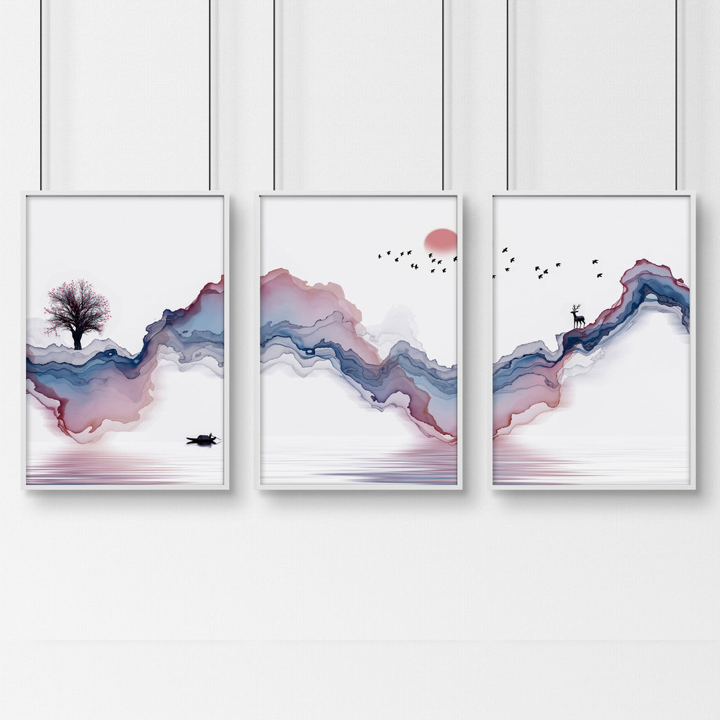 Japanese landscape paintings | set of 3 framed wall art