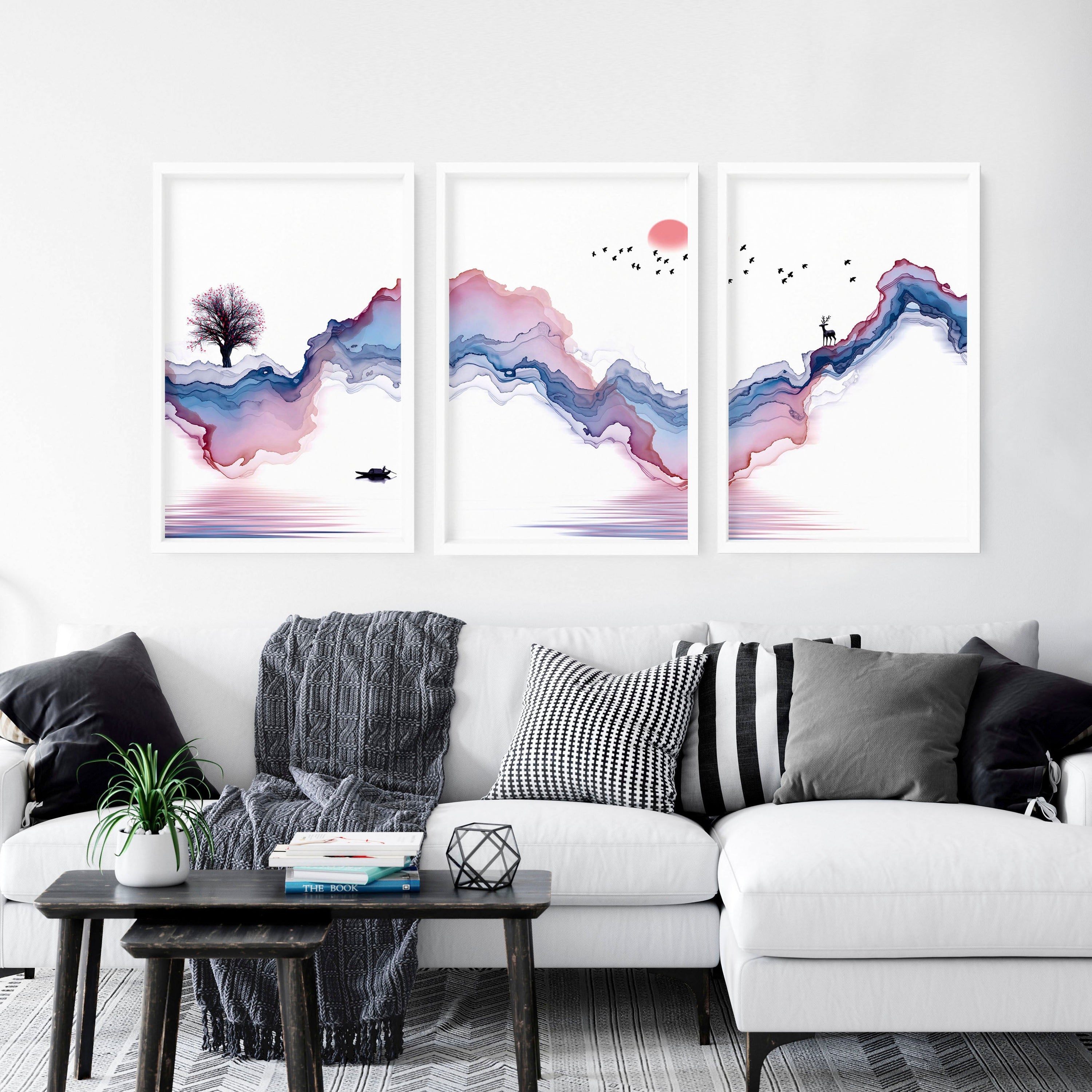 Japanese landscape paintings | set of 3 framed wall art
