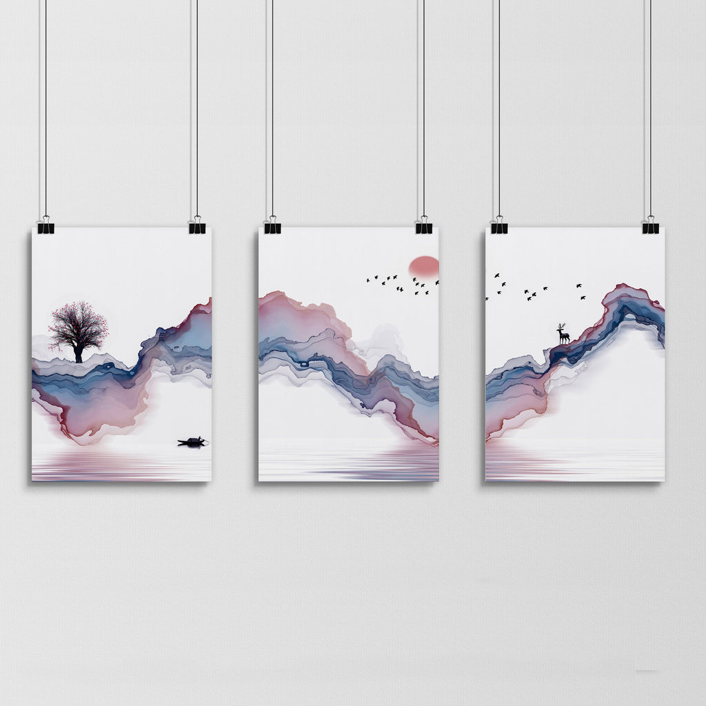 Japanese landscape paintings | set of 3 framed wall art