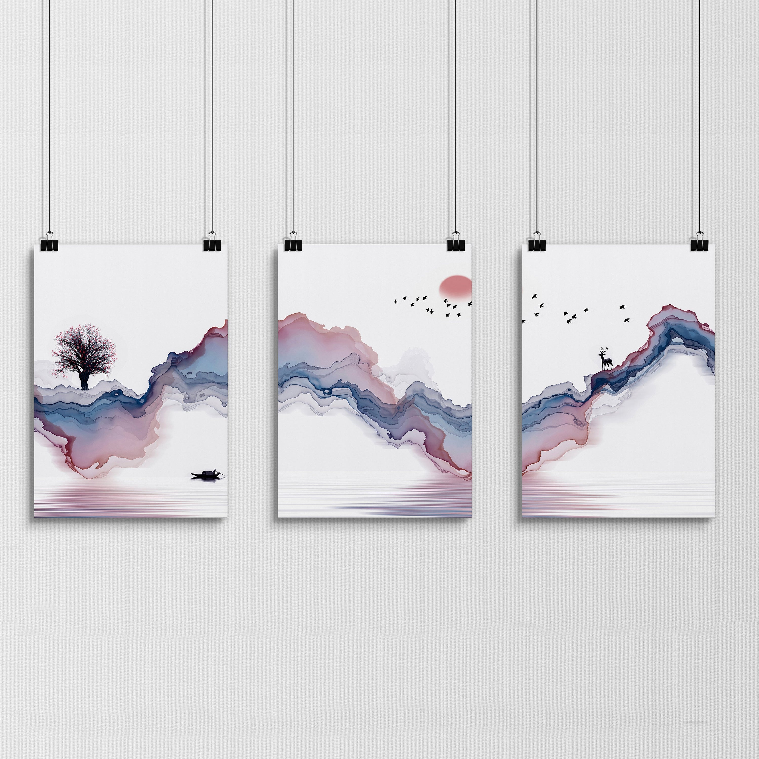 Japanese landscape paintings | set of 3 framed wall art